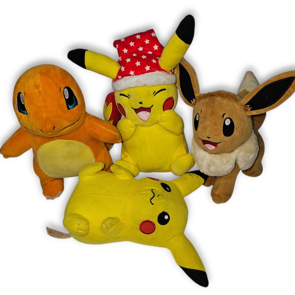 Pokemon Plush Lot of 4 Pikachu Holiday Eevee Charmander 8 Inch Stuffed Animals